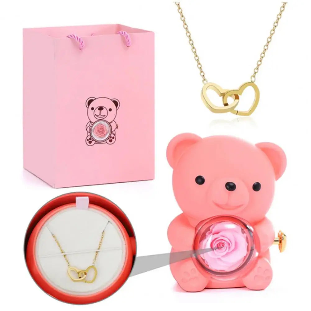Preserved Rose Hug Bear with Heart Necklace