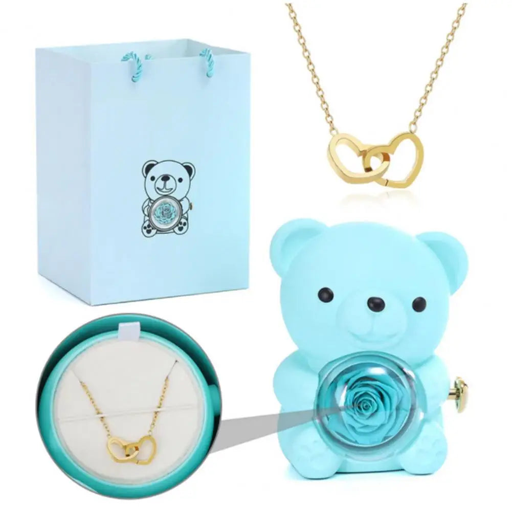 Preserved Rose Hug Bear with Heart Necklace