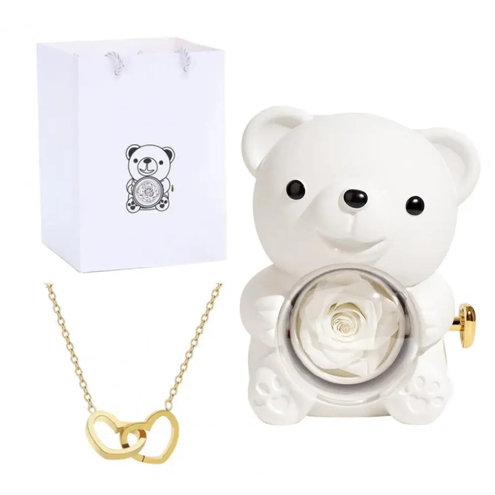 Preserved Rose Hug Bear with Heart Necklace