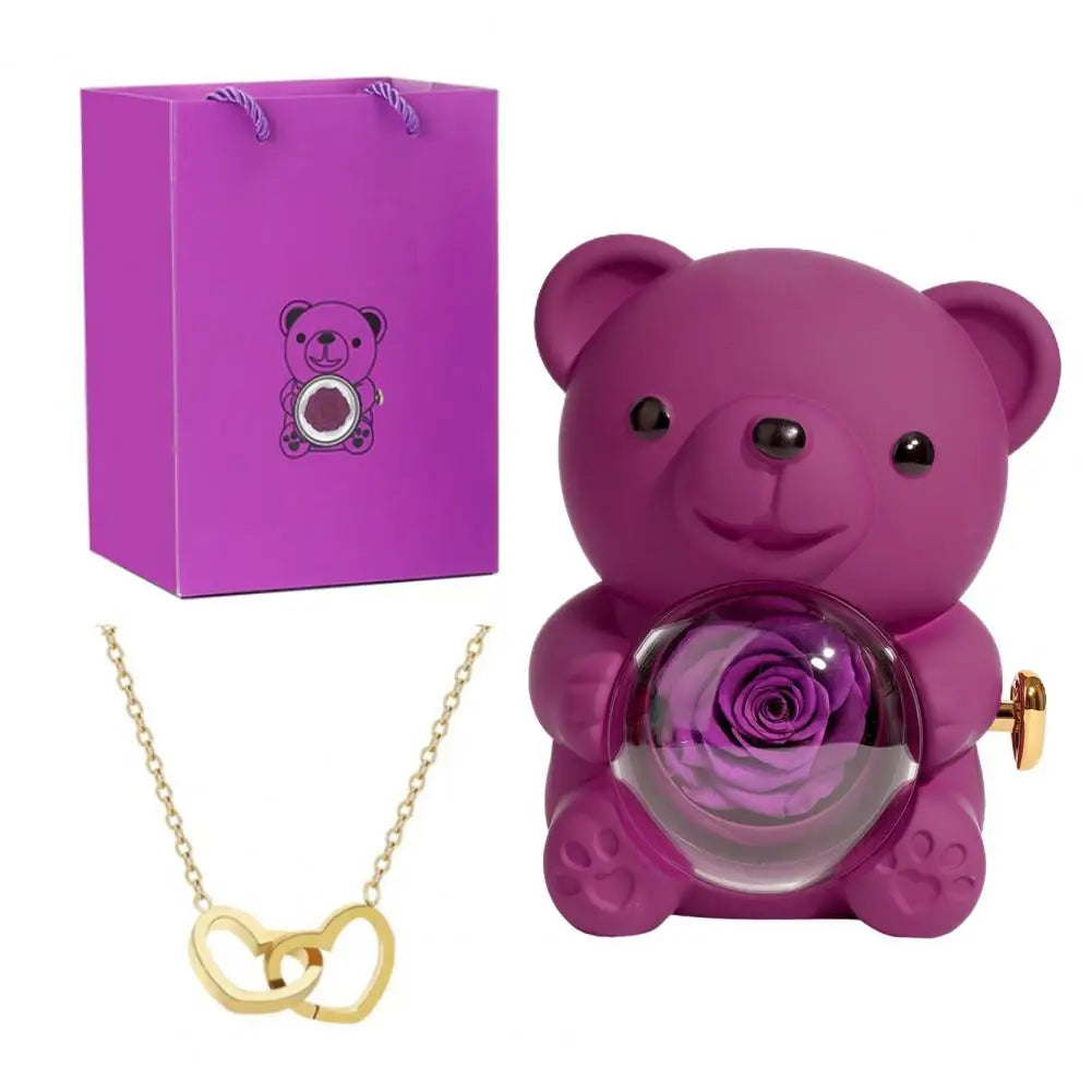Preserved Rose Hug Bear with Heart Necklace