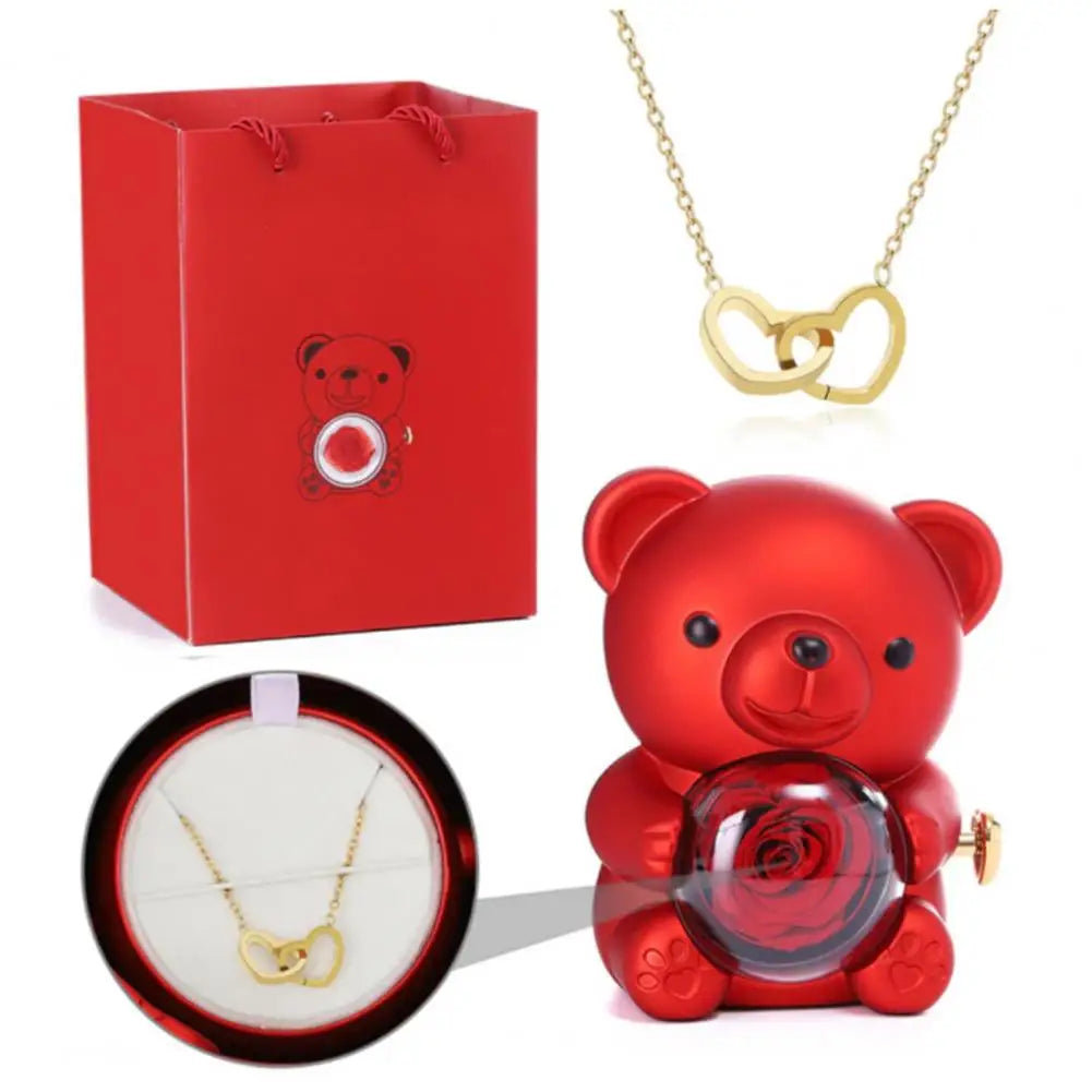 Preserved Rose Hug Bear with Heart Necklace
